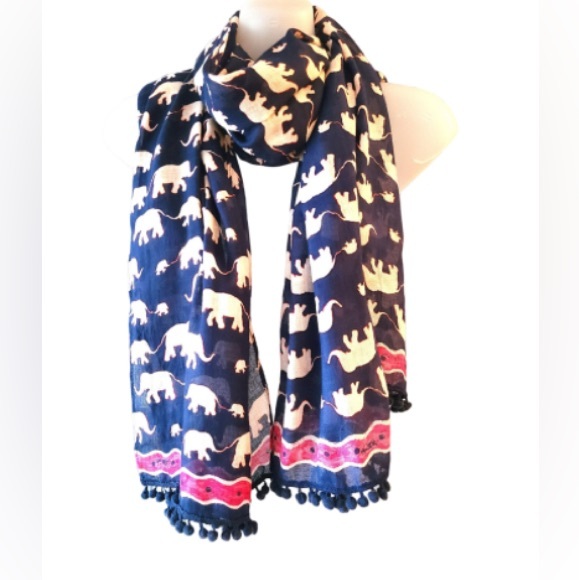LOFT Accessories - Ann Taylor loft, Navy and Pink Elephant Print Scarf with pom-pom fringe